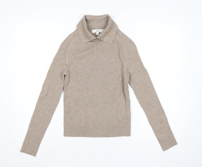 Marks & Spencer Women Beige S Ribbed Roll Neck Knit Jumper