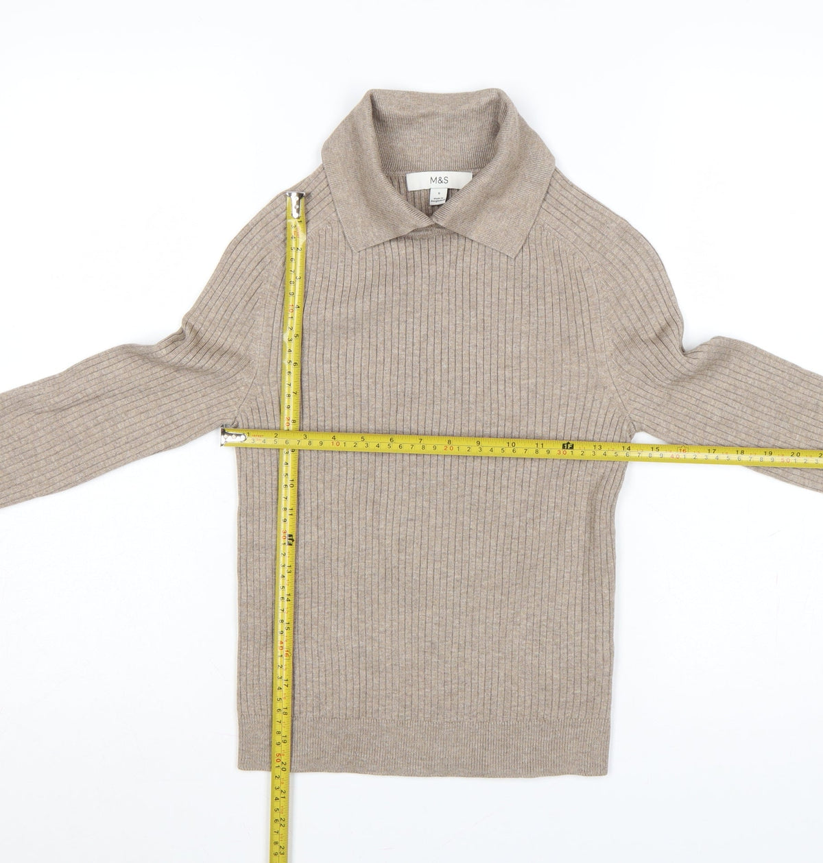 Marks & Spencer Women Beige S Ribbed Roll Neck Knit Jumper