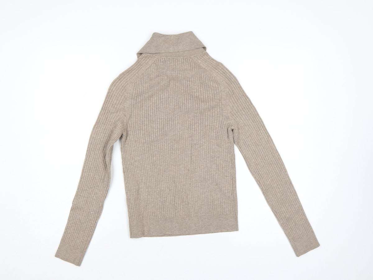 Marks & Spencer Women Beige S Ribbed Roll Neck Knit Jumper