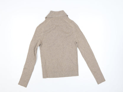 Marks & Spencer Women Beige S Ribbed Roll Neck Knit Jumper