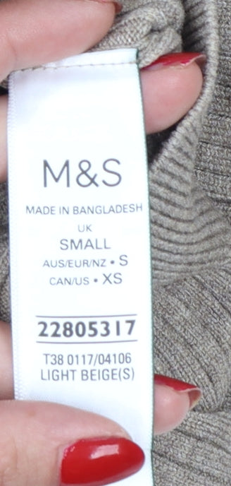 Marks & Spencer Women Beige S Ribbed Roll Neck Knit Jumper