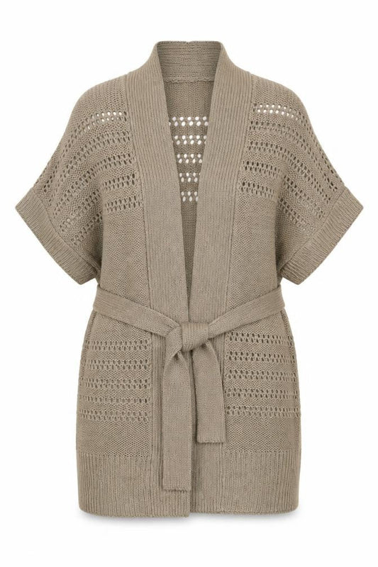 TU Women Beige Size 14 Open Knit Belted Sleeveless Wrap Cardigan