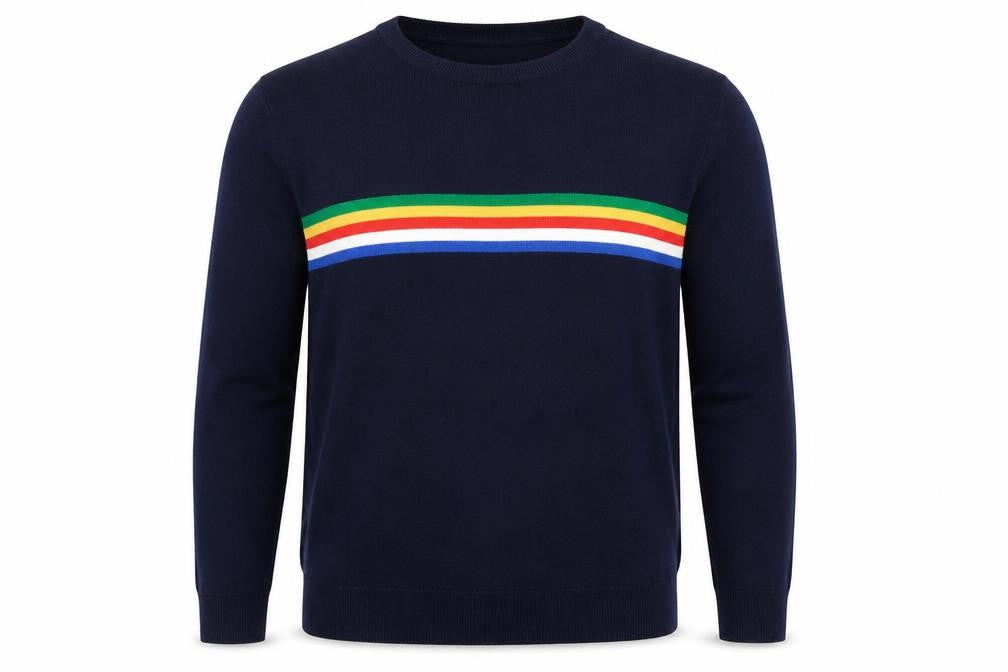 Tu Man Men's Blue L Rainbow Stripe Crew Neck Acrylic Jumper