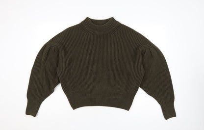H&M Women Brown M Rib Knit High Neck Balloon Sleeve Jumper