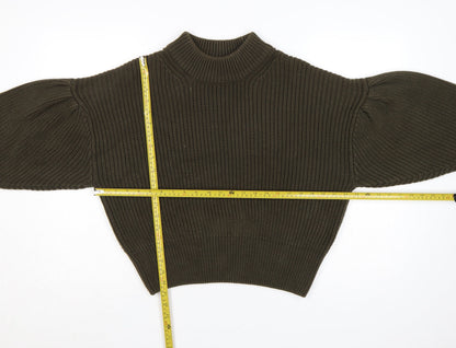 H&M Women Brown M Rib Knit High Neck Balloon Sleeve Jumper
