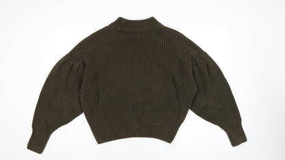 H&M Women Brown M Rib Knit High Neck Balloon Sleeve Jumper