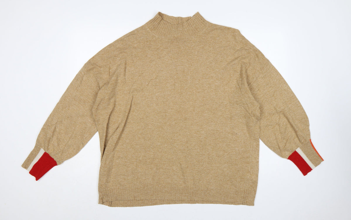 Next Women Beige XL Mock Neck Knit Jumper Red Stripe Cuffs