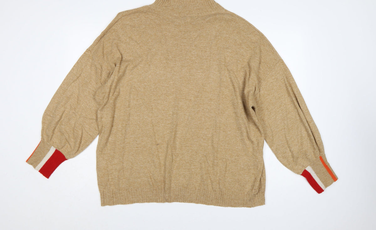 Next Women Beige XL Mock Neck Knit Jumper Red Stripe Cuffs
