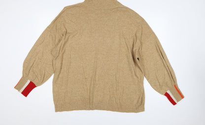 Next Women Beige XL Mock Neck Knit Jumper Red Stripe Cuffs