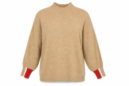 Next Women Beige XL Mock Neck Knit Jumper Red Stripe Cuffs