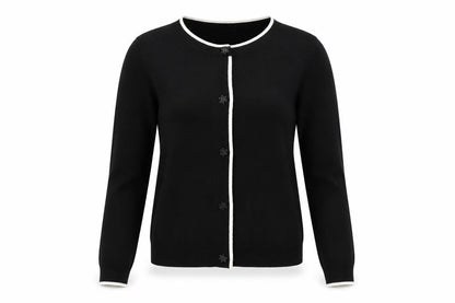 Tu Women’s Black S Fine Knit Contrast Trim Button Cardigan