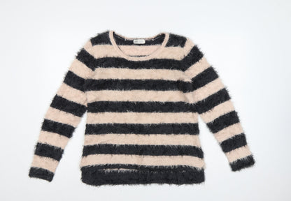 Additional front view of H&M Teens Black Beige Striped Fuzzy Knit jumper, size 14