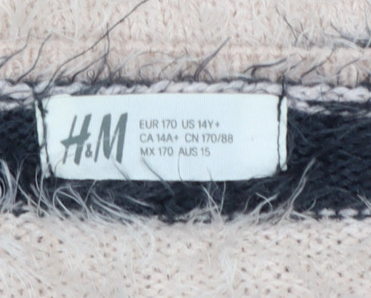 Brand and care label for H&M Teens Black Beige Striped Fuzzy Knit jumper, size 14