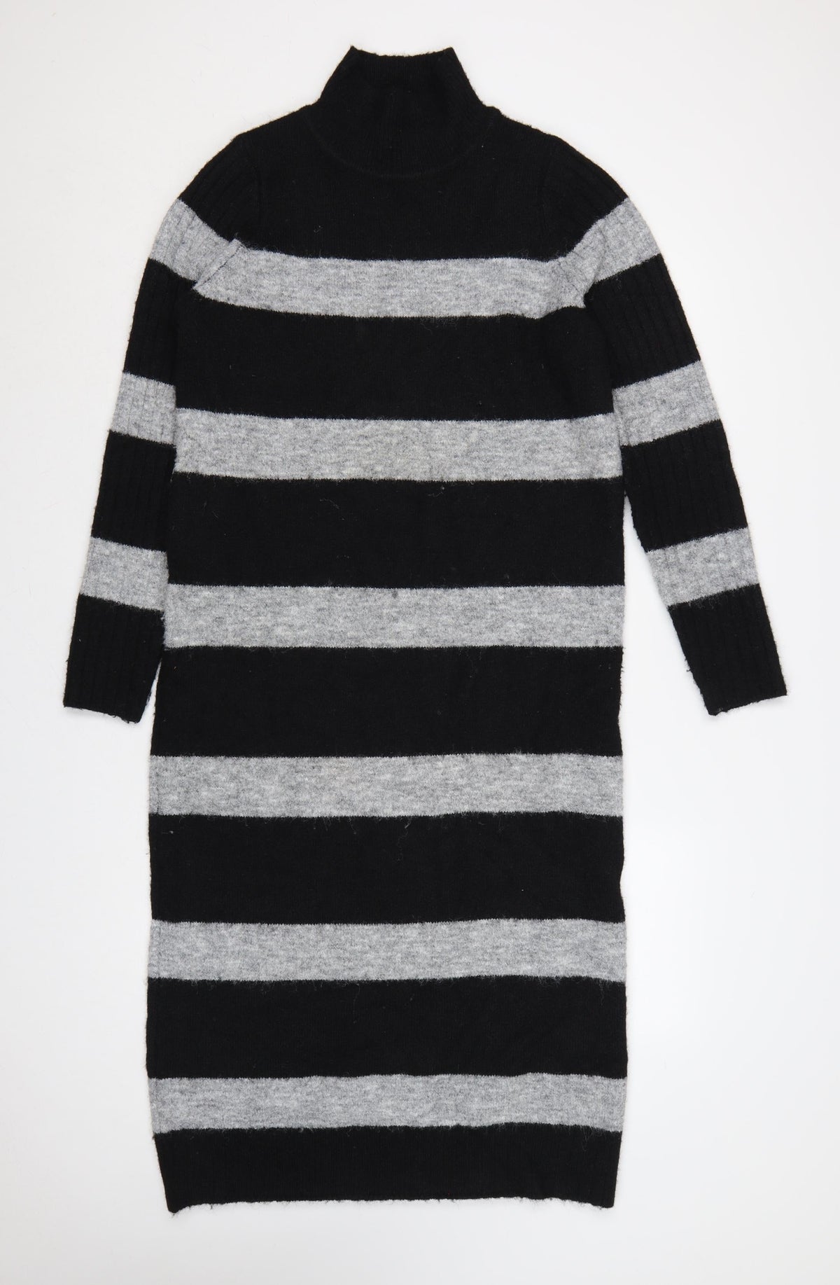 Next Women’s Black Grey Striped Roll Neck Long Knit Jumper Dress S