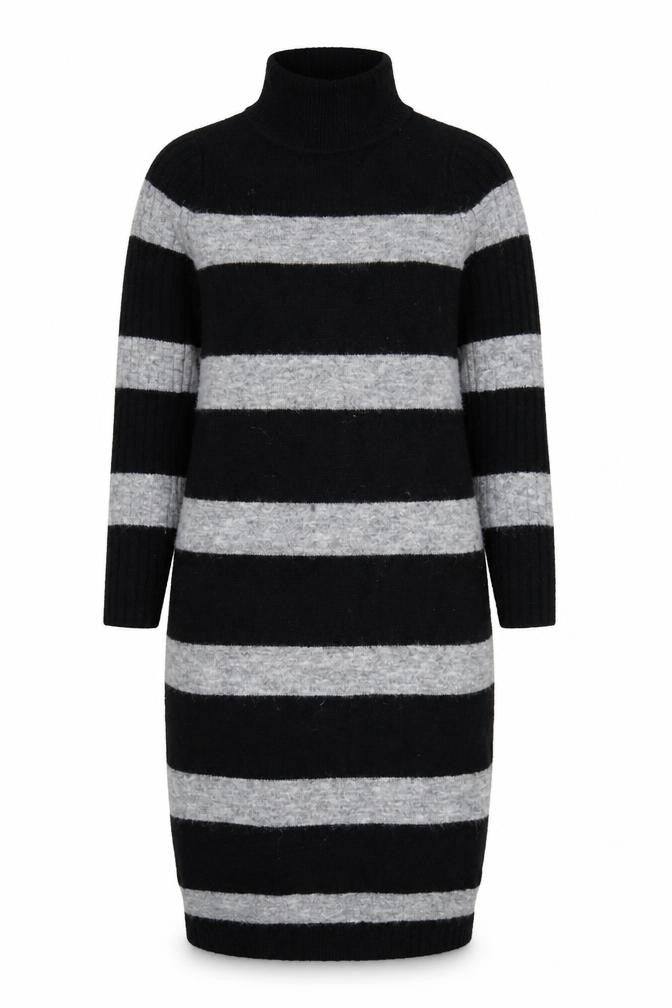 Next Women’s Black Grey Striped Roll Neck Long Knit Jumper Dress S