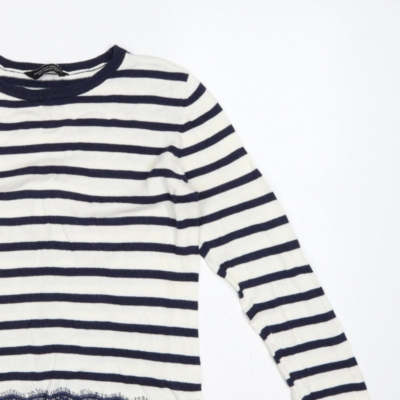 Dorothy Perkins Women’s Blue White Striped Lace Hem Jumper UK 14