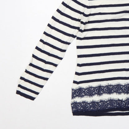 Dorothy Perkins Women’s Blue White Striped Lace Hem Jumper UK 14