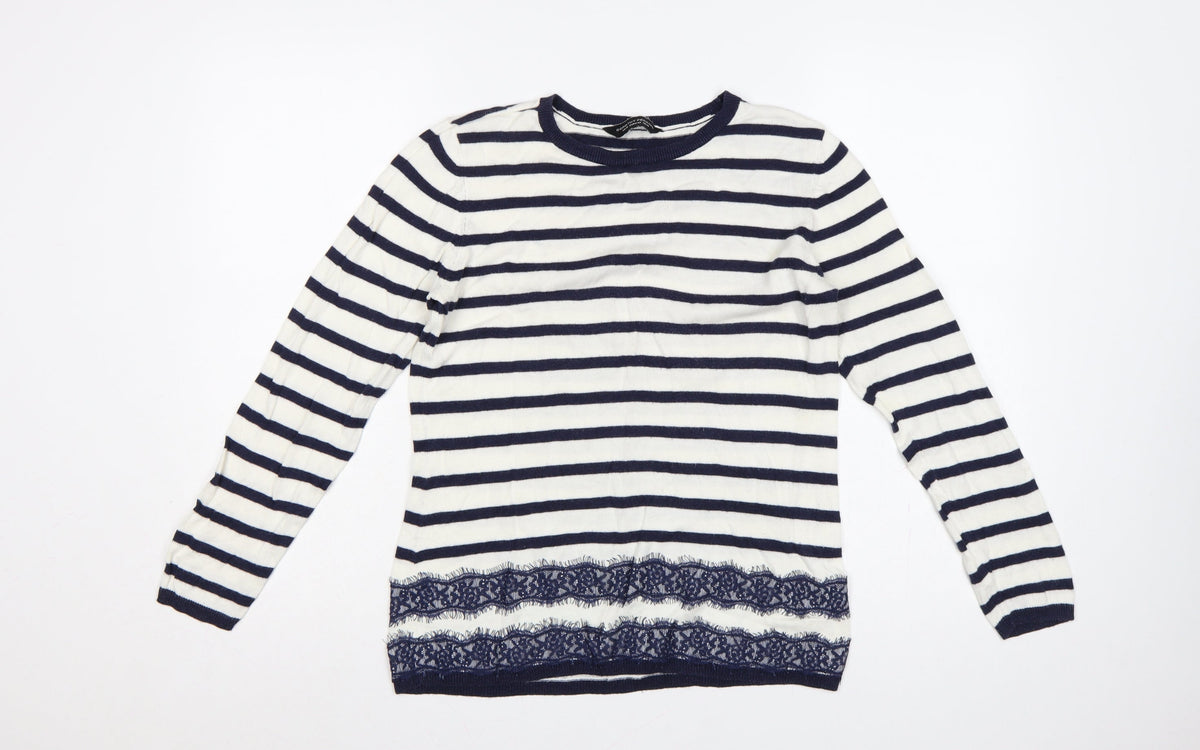 Dorothy Perkins Women’s Blue White Striped Lace Hem Jumper UK 14