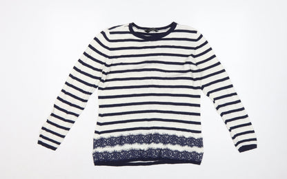 Dorothy Perkins Women’s Blue White Striped Lace Hem Jumper UK 14