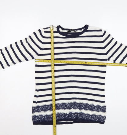 Dorothy Perkins Women’s Blue White Striped Lace Hem Jumper UK 14