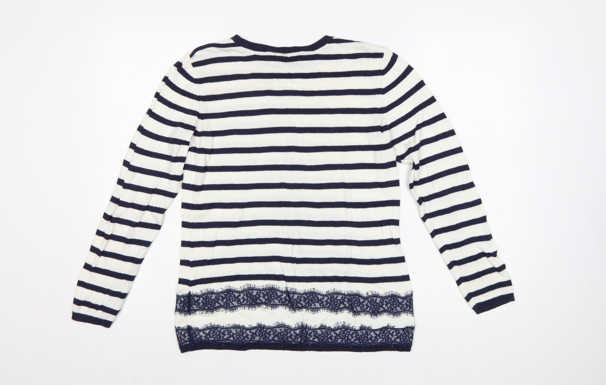 Dorothy Perkins Women’s Blue White Striped Lace Hem Jumper UK 14