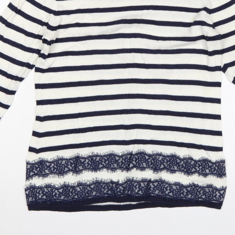 Dorothy Perkins Women’s Blue White Striped Lace Hem Jumper UK 14