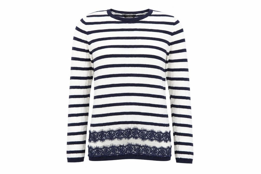 Dorothy Perkins Women’s Blue White Striped Lace Hem Jumper UK 14