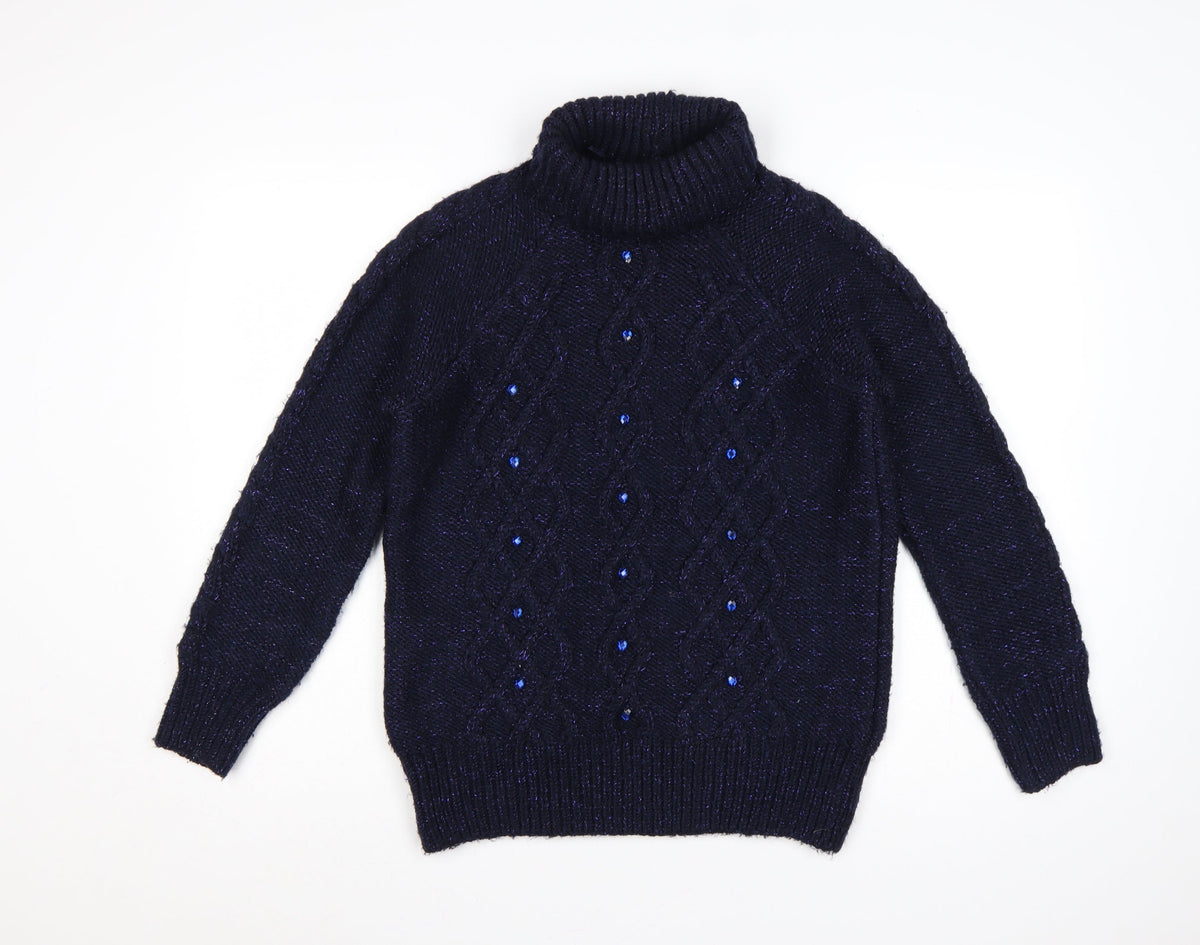 George Women’s Blue UK 12 Cable-Knit Roll Neck Embellished Jumper