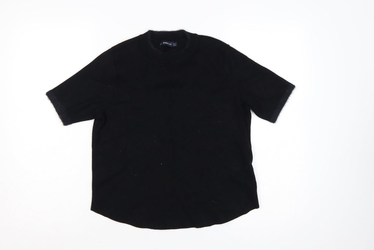 Zara Women Black M Short Sleeve Knit Mock Neck Pullover Jumper