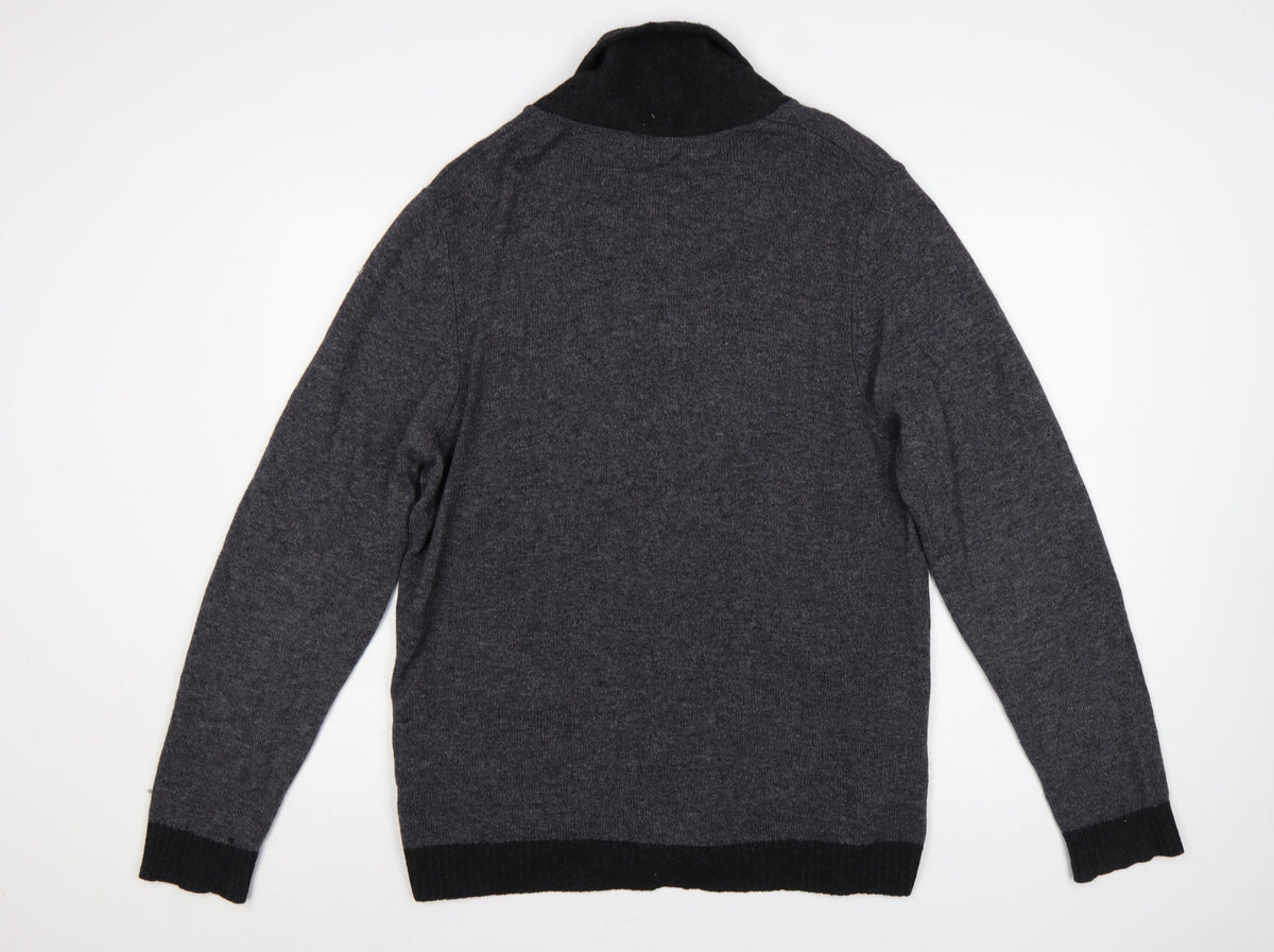 Marks and Spencer Men Grey Lambswool L Regular Fit Button Cardigan Pockets