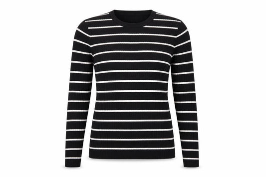 La Redoute Women Black White Striped Rib Knit V-Neck Jumper M