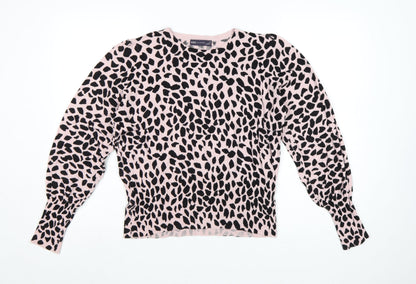Marks & Spencer Women Pink Leopard Print Knit Jumper UK 16 Crew Neck