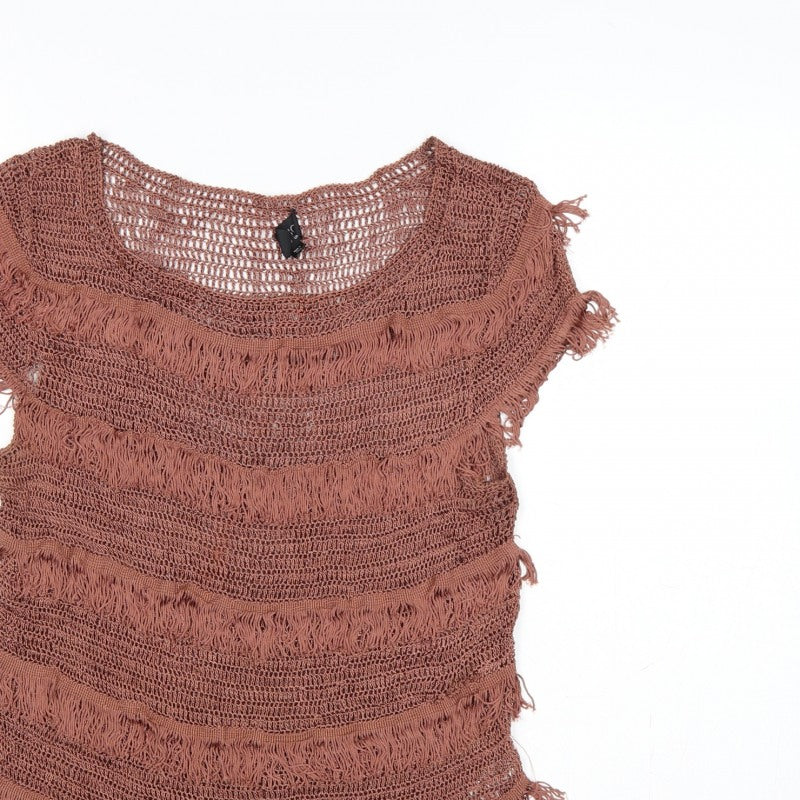 Topshop Women Brown Crochet Fringe Boho T-Shirt UK 12
