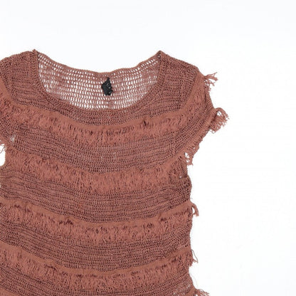Topshop Women Brown Crochet Fringe Boho T-Shirt UK 12