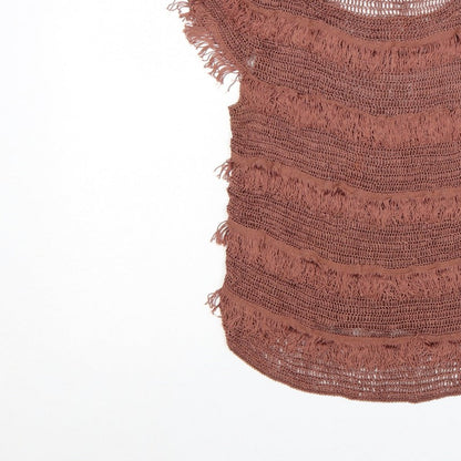 Topshop Women Brown Crochet Fringe Boho T-Shirt UK 12