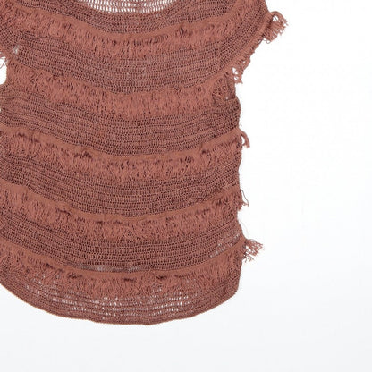 Topshop Women Brown Crochet Fringe Boho T-Shirt UK 12