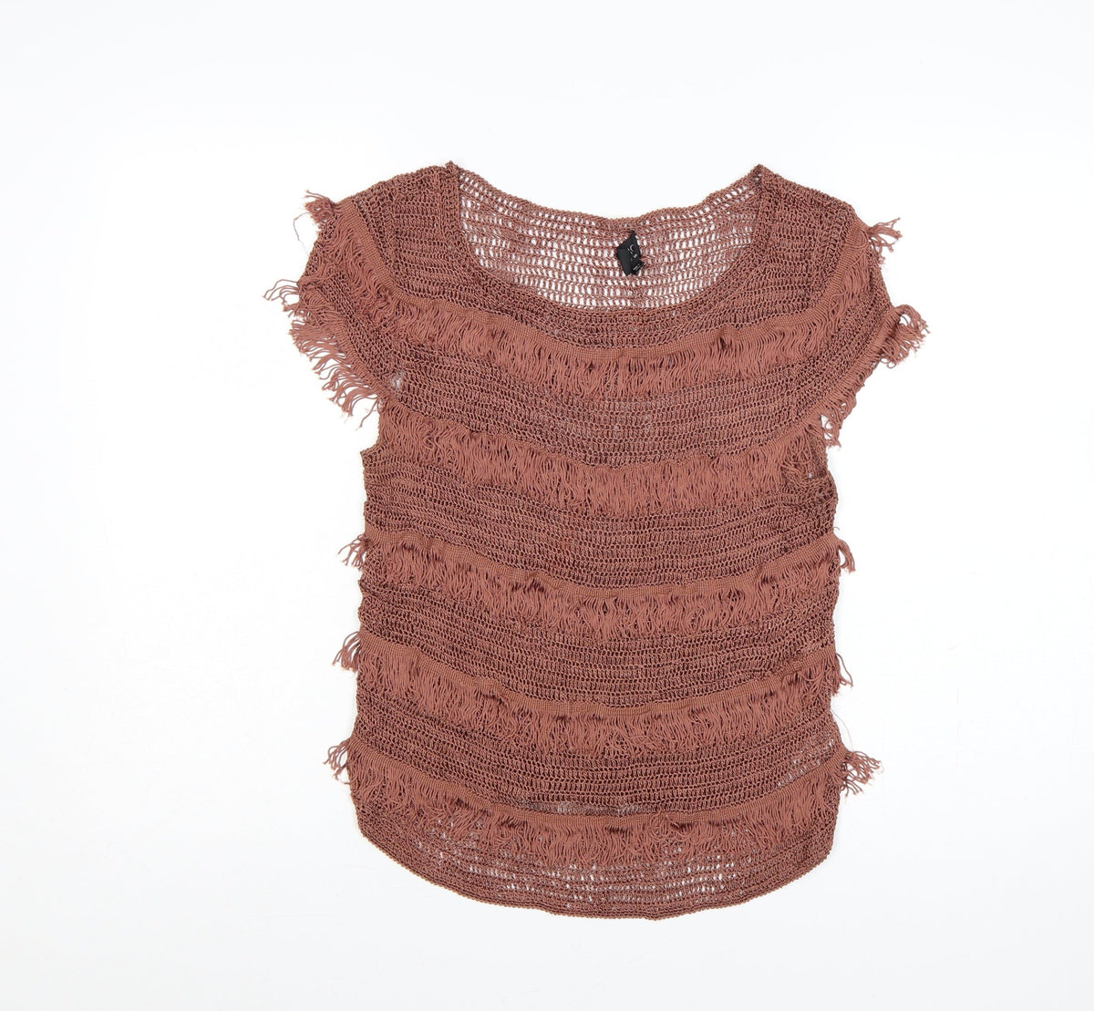 Topshop Women Brown Crochet Fringe Boho T-Shirt UK 12