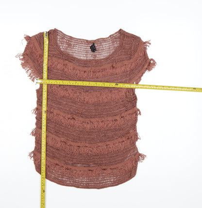 Topshop Women Brown Crochet Fringe Boho T-Shirt UK 12