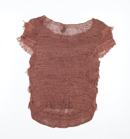 Topshop Women Brown Crochet Fringe Boho T-Shirt UK 12