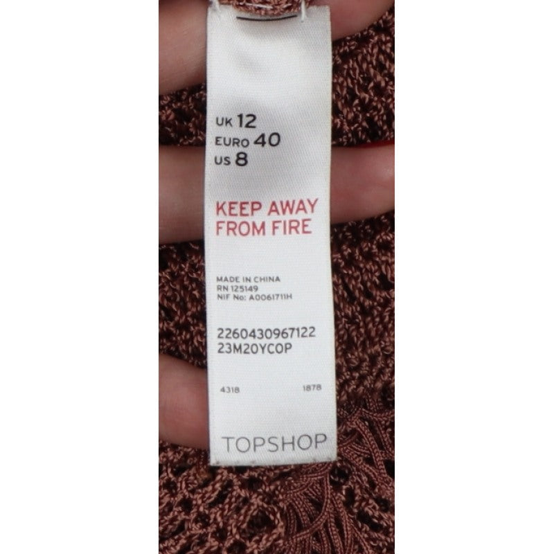 Topshop Women Brown Crochet Fringe Boho T-Shirt UK 12