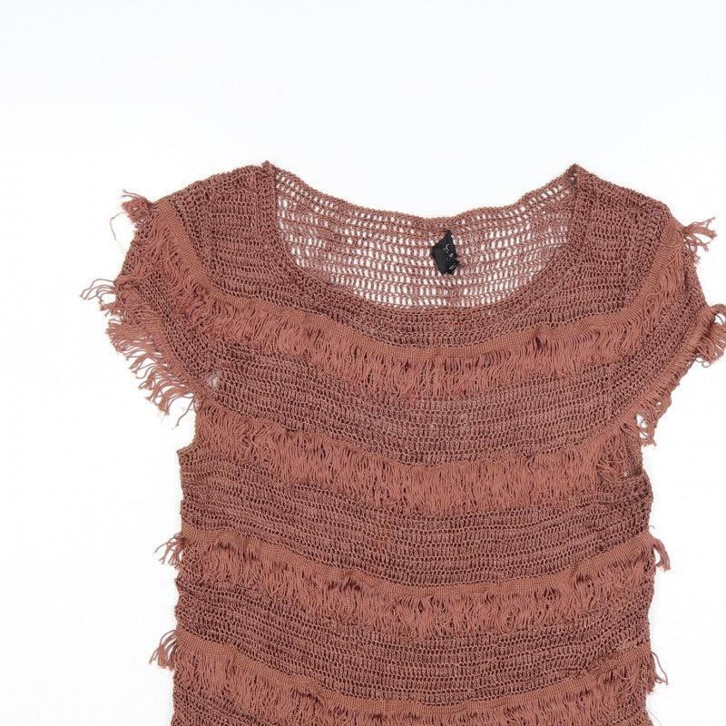 Topshop Women Brown Crochet Fringe Boho T-Shirt UK 12