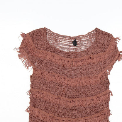 Topshop Women Brown Crochet Fringe Boho T-Shirt UK 12