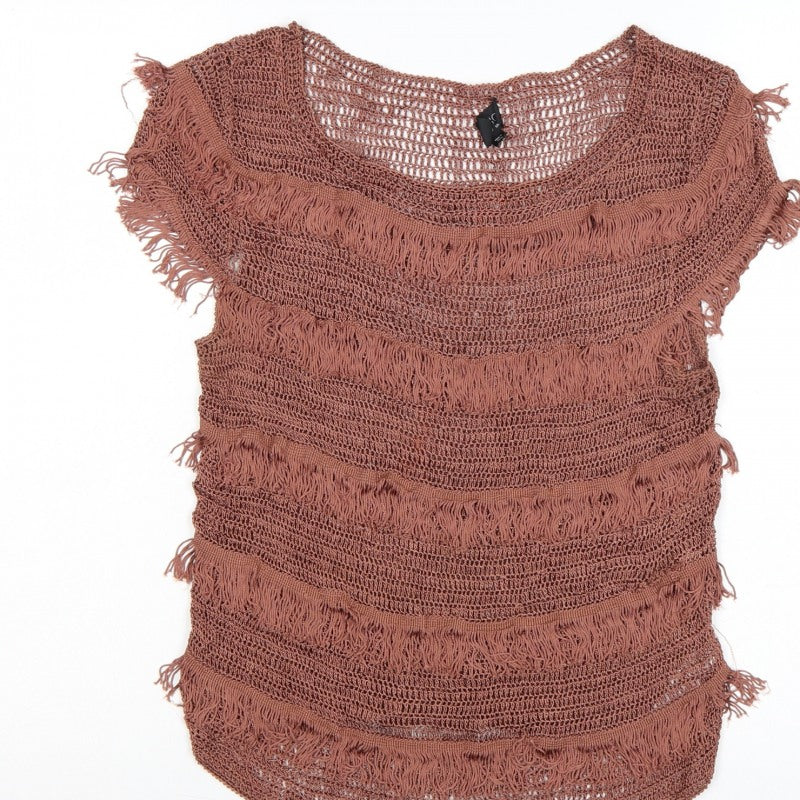 Topshop Women Brown Crochet Fringe Boho T-Shirt UK 12