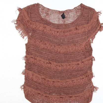Topshop Women Brown Crochet Fringe Boho T-Shirt UK 12