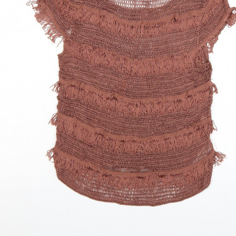 Topshop Women Brown Crochet Fringe Boho T-Shirt UK 12