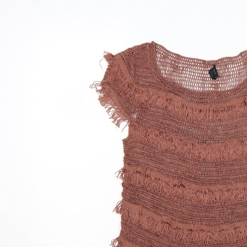 Topshop Women Brown Crochet Fringe Boho T-Shirt UK 12