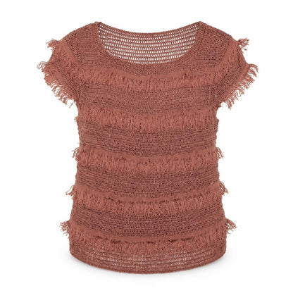 Topshop Women Brown Crochet Fringe Boho T-Shirt UK 12