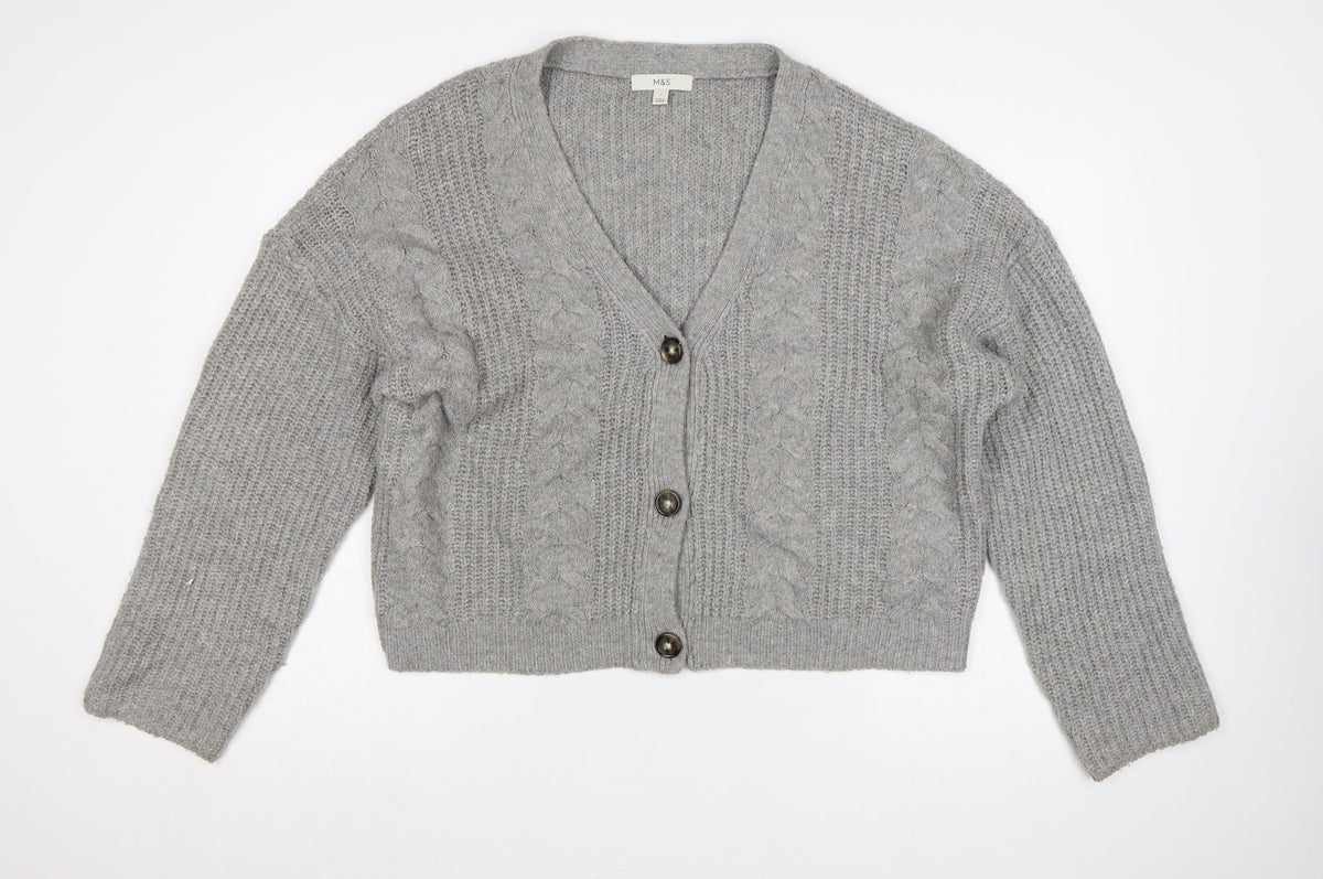 Marks & Spencer Women Grey L Cable Knit V-Neck Button Cardigan