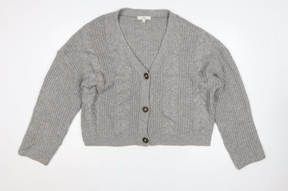 Marks & Spencer Women Grey L Cable Knit V-Neck Button Cardigan