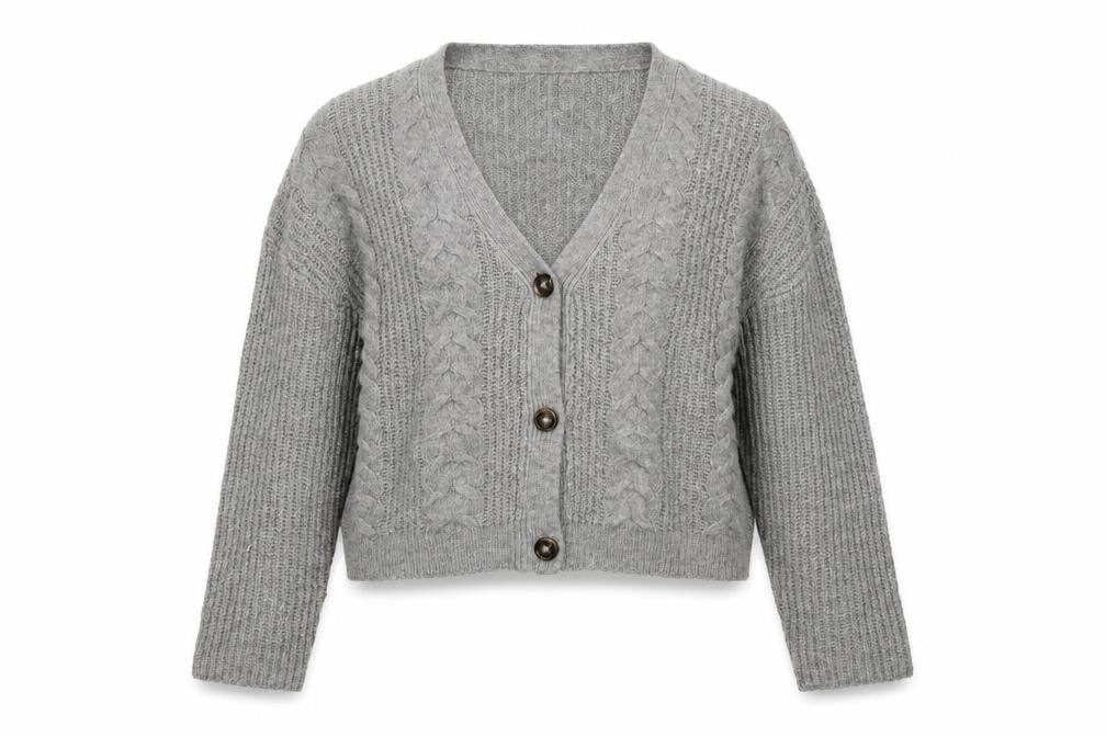 Marks & Spencer Women Grey L Cable Knit V-Neck Button Cardigan